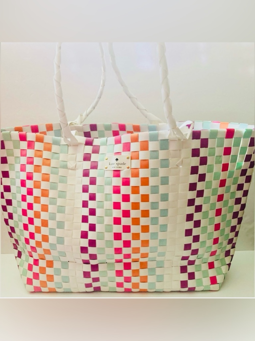 🔥 SALE! Kate Spade Rainbow Checkered Woven Large Tote Beach Carryall - NWOT